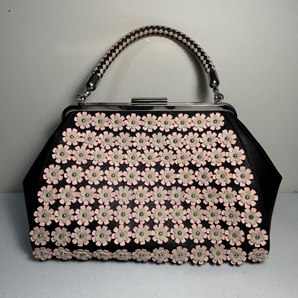 Black Catherine Malandrino Retro Style Vegan Handbag with Light Pink 3D Flowers